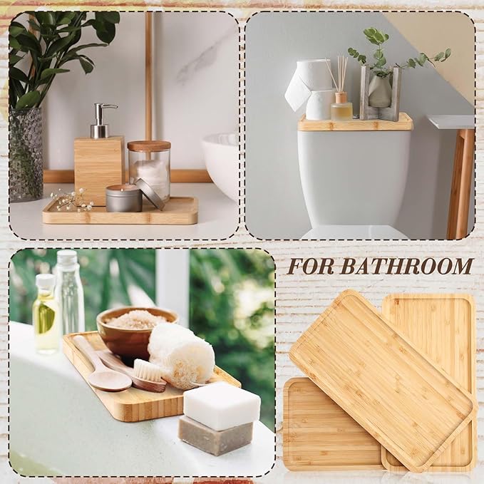 Sieral 3 Pcs Bamboo Tray for Bathroom Bamboo Vanity Bathroom Counter Organizer Decorative Tea Serving Tray for Dresser Coffee Table Home Toilet Tank Candle Perfume (11 x 5.9 Inch)
