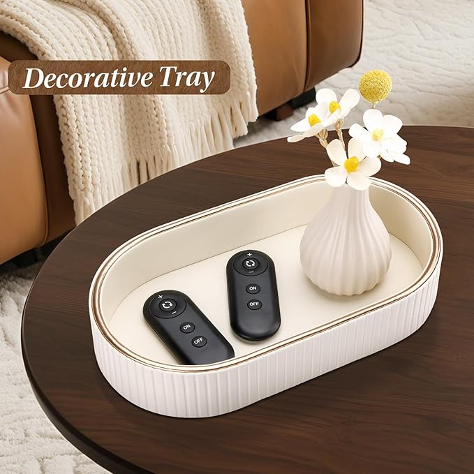 GORESE Oval Vanity Tray Perfume Organizer, PU Leather Valet Jewelry Trays Nightstand Organizer Key Bowl Trinket Dish for Entryway Dresser Bedside, Catchall Trays for Men Women, 11×5.9 in, Cream White