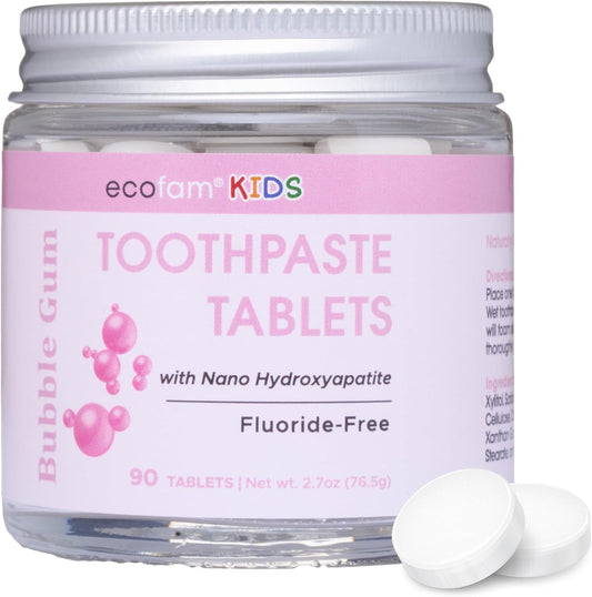 EcoFam Toothpaste Tablets – Bubblegum | Nano Hydroxyapatite Toothpaste Tablets Kids - Chewable - Made with Xylitol | Fluoride Free l 90 Tabs