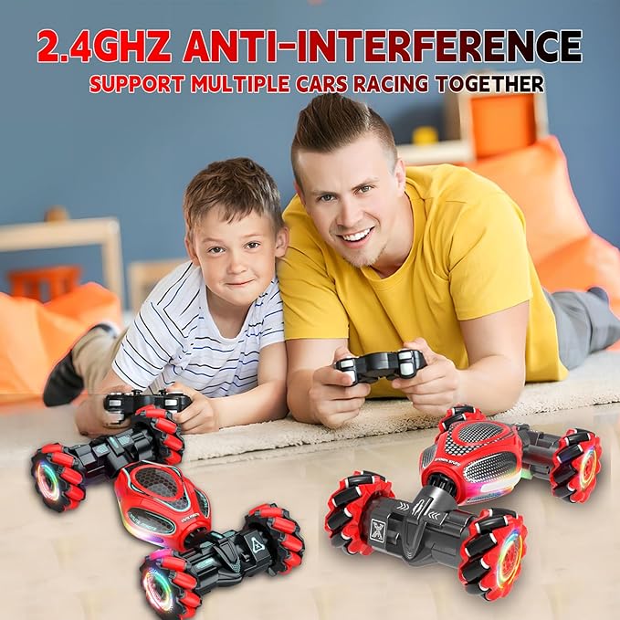 Remote Control Car for Boys - RC Cars for Boy Age 4-12, Gesture Sensing RC Stunt Drift Car for Kids Toys 4 5 6 7 8 9 10 11 12 Year Old Boy Birthday with Cool Lights Music (Red-Black)