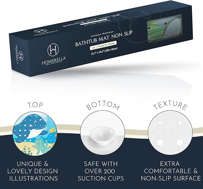 Bath Tub Mat Non Slip Anti Mold for Kids BPA Free INCL Hooks - homerella® Ocean Sea Animals 40x16, Baby Bath Mat Non Slip 200 Suction Cups, Non Toxic Machine Washable Toddler Bath Mat, EU Certified