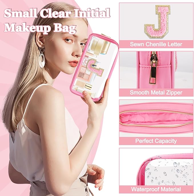 Small Clear Personalized Initial Makeup Bag,Nylon Preppy A-Z Chenille Letter Patch Cosmetic Pouch Beach Toiletry Bag,Waterproof Zipper Travel Purse Storage Bag Organizer for Women Girls(Pink-Pink J)