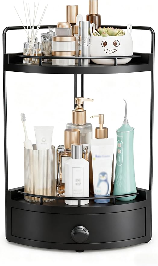 2-Tier Corner Bathroom Counter Organizer with Drawer & Embedded Screw Holes - Wooden Countertop Organizers for Skincare, Makeup Storage, Bathroom Sink Counter Shelf for Vanity, kitchen, Black