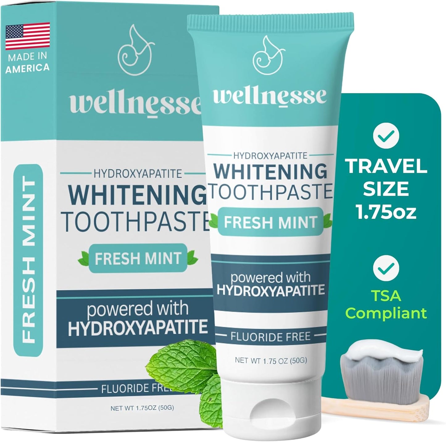Wellnesse Hydroxyapatite Toothpaste – Fluoride Free for Sensitive Gums – Anti-Plaque, Remineralizing, Enamel Protection & Natural Whitening Toothpaste for Adults – Fresh Mint Flavor – 1.75 oz