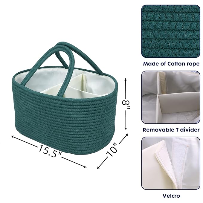 Large Baby Diaper Caddy Organizer for Girl Boy Rope Nursery Storage Bin Basket Portable Holder Tote Bag for Changing Table Car Travel Baby Shower Gifts basket dark green
