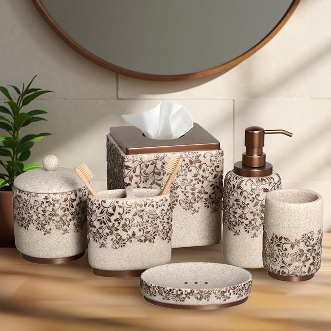 Decozen Bathroom Accessories Set - 6-Piece Modern Bathroom Decor, Countertop Essentials with Soap Dispenser - Birthday Gifts, Beige