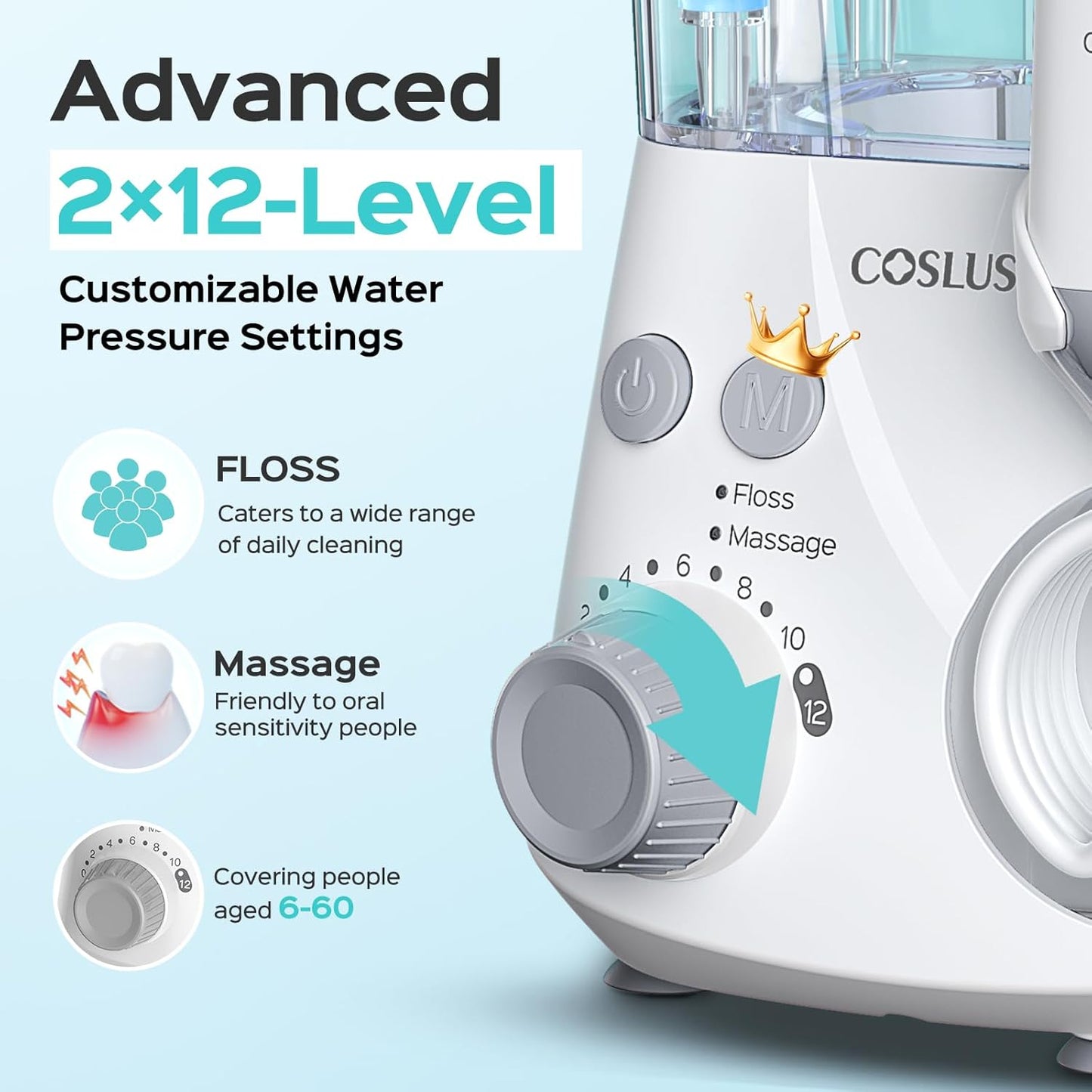 COSLUS Advanced Water Flosser for Teeth: 2 Modes & 12 Pressure Settings Electric Dental Pick for Orthodontic, Braces, Sensitive Gums - Home Use, 5 Jet Tips for Multiple Users, Family, White, E2