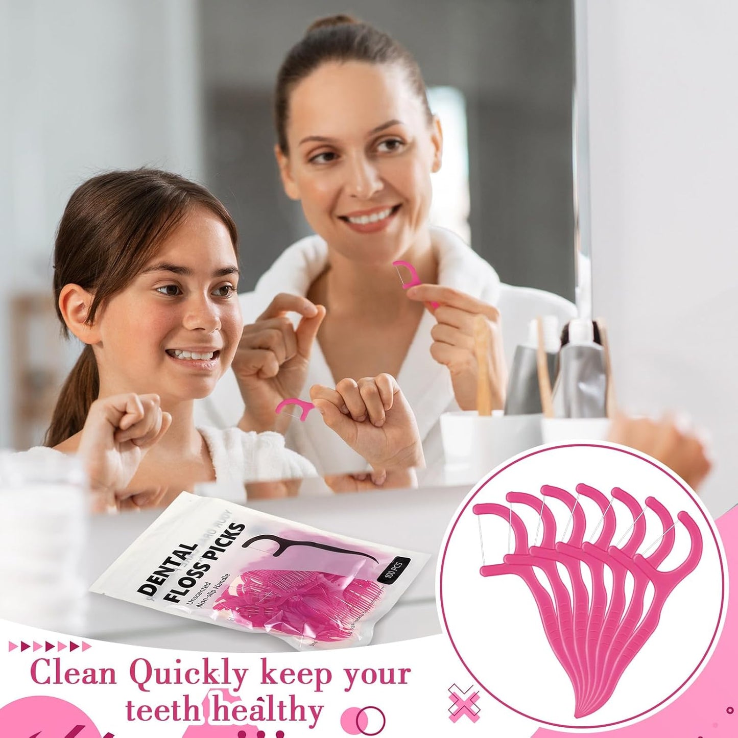 Baderke 200 Count Floss Picks Bulk Non Breakable Tooth Picks Flosser Dental Floss Sticks for Adults Teeth Cleaning Dental Flossers for Family Pack Travel(Hot Pink)