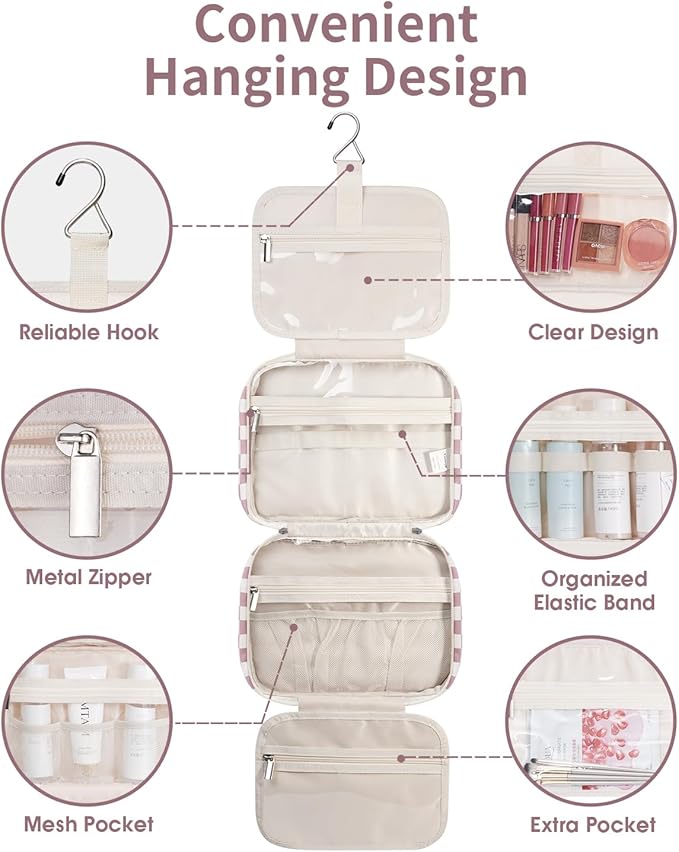 Narwey Hanging Toiletry Bag for Women Travel Makeup Bag Organizer Toiletries Bag for Travel Size Essentials Accessories Cosmetics (Dusty Pink Checkerboard (Medium))