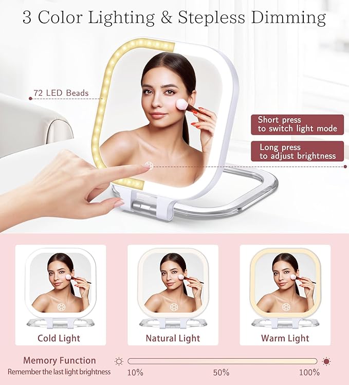 Shinowa Rechargeable Travel Makeup Mirror with 72 LED Lights, 1X/10X Magnifying Vanity Mirror with 3 Color Light, Folding Stand, 7 Inch Portable Dimmable Double Sided Compact Lighted Mirror, White