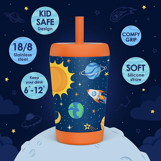 Kid Insulated Stainless Steel Tumbler with Silicone Straw, 12oz Sippy Cup for Kids (Outer Space)