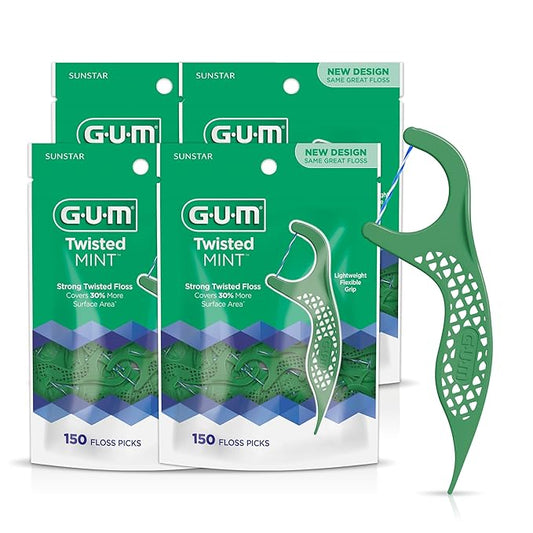 GUM Twisted Mint Floss Picks - Twisted Threads, Shred-Resistant Floss, Easy Grip Handle, 150 Count (Pack of 4)