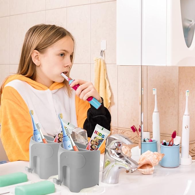 Kids Toothbrush Holder, Cute Elephant Toothbrush Holders for Toddler, Toothbrush Toothpaste Holder for Bathroom, Toothbrush Organizer with 3 Slots and a Hook, Grey