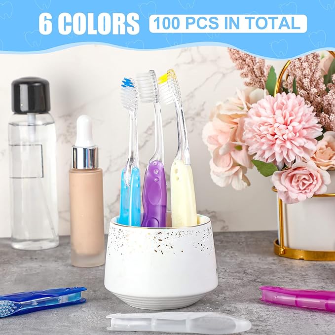 Nuogo 100 Pack Travel Folding Toothbrushes Bulk Portable Pocket Toothbrush Travel Accessories in 6 Colors for Kids Adult Camping Hiking