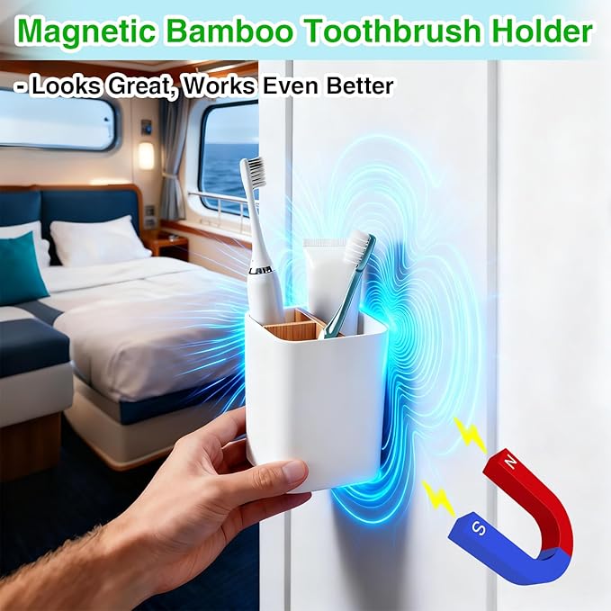 Magnetic Toothbrush Holder for Cruise Ships – 3 Slot Bamboo Bathroom Organizer Cruise Cabin Essentials Must Haves for Royal Caribbean, Alaska, Princess & Carnival (3 Slots)