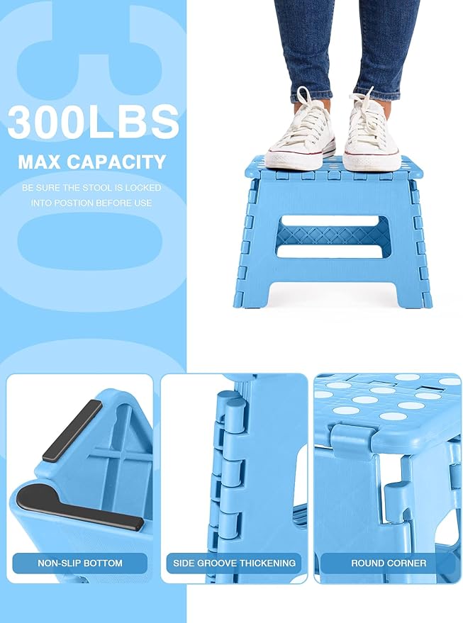 Dyforce Folding Step Stool 9", Kids Step Stool, Heavy Duty Step Stools for Adults, Compact Foot Stools, Light-Weight Toddler Step Stools for Kitchen, Bathroom, Holds Up to 300 lbs (Blue)