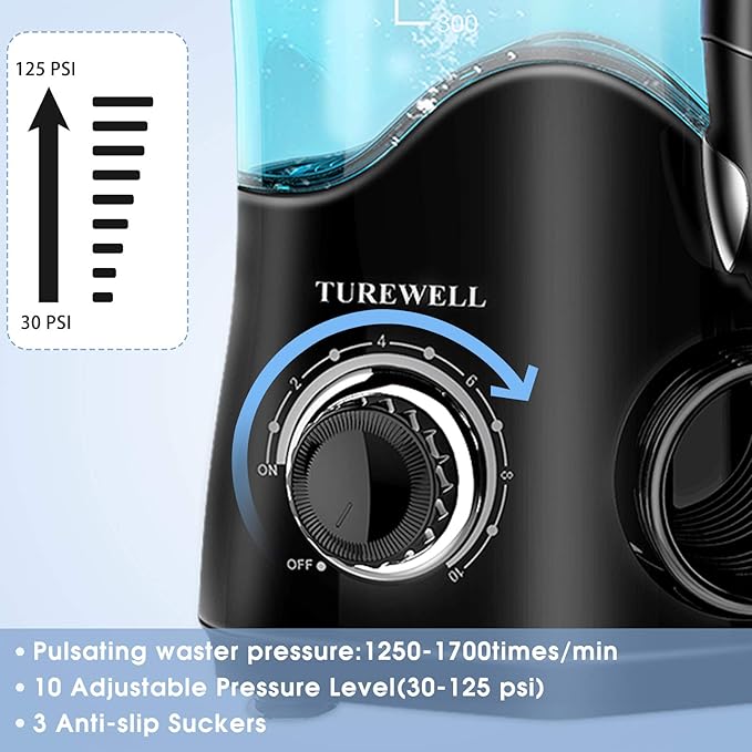 TUREWELL FC162 Water Dental Flosser for Teeth/Braces,10 Pressure Levels, 8 Water Jet Tips for Family, 600ML Electric Water Dental Oral Irrigator for Teeth-Clean (Black)