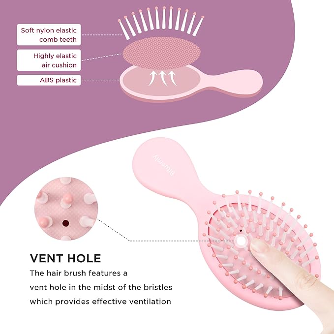 Mini Hair Brush, Detangling Hairbrush for Dry and Wet Hair, Small Size Travel Detangler Brush for Girls Boys Kids Women Men for All Hair Types Pink