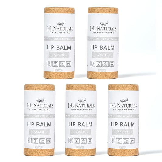 J&L Naturals Sustainable Lip Balm | Organic Ingredients, 100% Natural, Eco-Friendly | Cruelty Free, Vegan, Paraben Free, Silicone Free (Naked (Unscented), 5-Piece Bundle)
