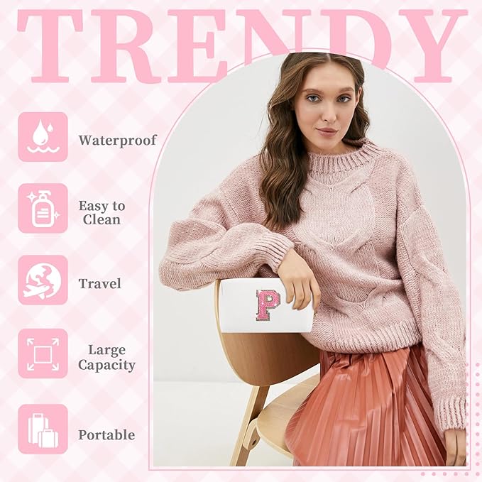 Small Initial Patch Makeup Bag Personalized Gifts Make Up Bag,White Cute PU Leather Glitter Letter Cosmetic Bag with Zipper,Trendy Portable Travel Toiletry Pouch,Preppy Stuff for Teen Girls Women P