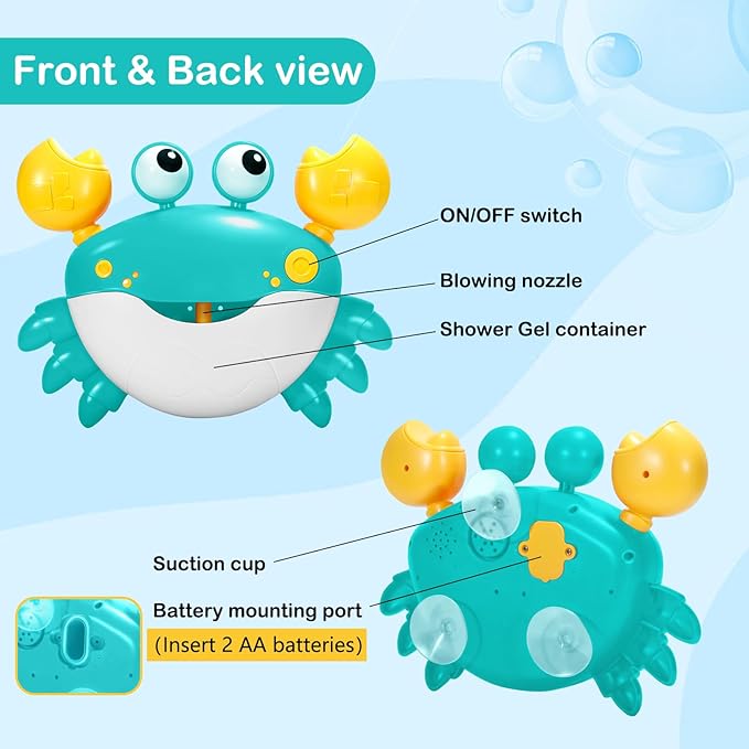 Crab Baby Bath Toys, Crab Bubble Bath Machine, Automatic Bath Toy Blows Bubbles & Plays Children’s Songs, Bathtub Bubble Maker - Kids Birthday Gift for 1 2 3 Year Old Boy Girl Azure