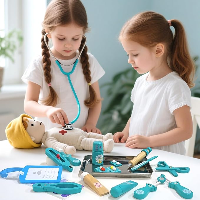 Doctor Kit for Toddlers 3-5, Wooden Kids Dentist Play Set, Doctor Play Set Pretend Play Toys for Toddlers , Realistic Wooden Medical Kit Role Play Set, Gifts for Boys Girls 3+ Years