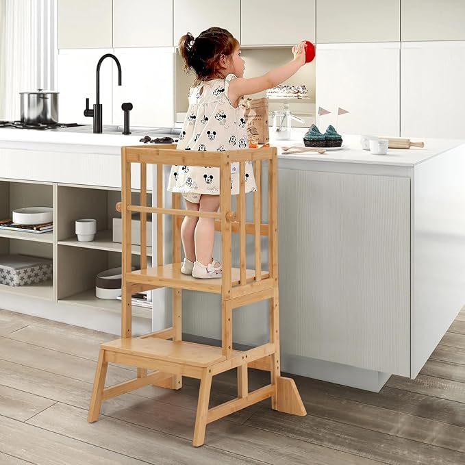 COSYLAND Height Adjustable Toddler Standing Tower - Toddler Kitchen Stool Helper Natural