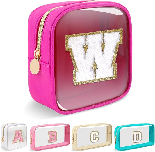 Mini Clear Personalized Initial Makeup Bag, Small Preppy A-Z Chenille Letter Patch Cosmetic Pouch, Transparent PVC & Nylon Waterproof Zip Beach Toiletry Bag,Gift for Women Girls(Hot Pink-White W)