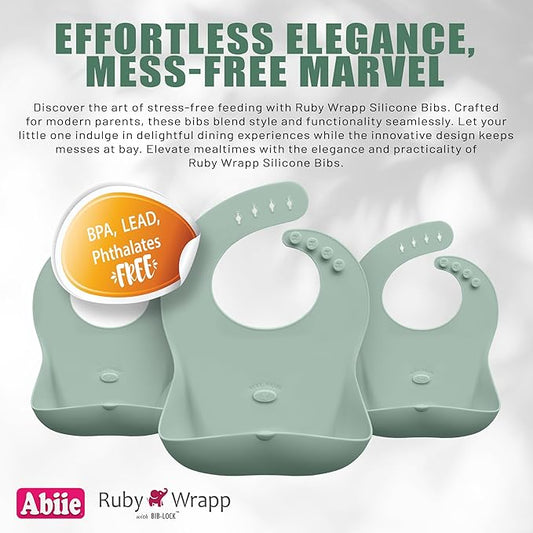 Abiie Ruby Wrapp Silicone Bibs for Babies with Front Pocket - Waterproof Bib - Stain Resistant - Silicone Toddler Bibs