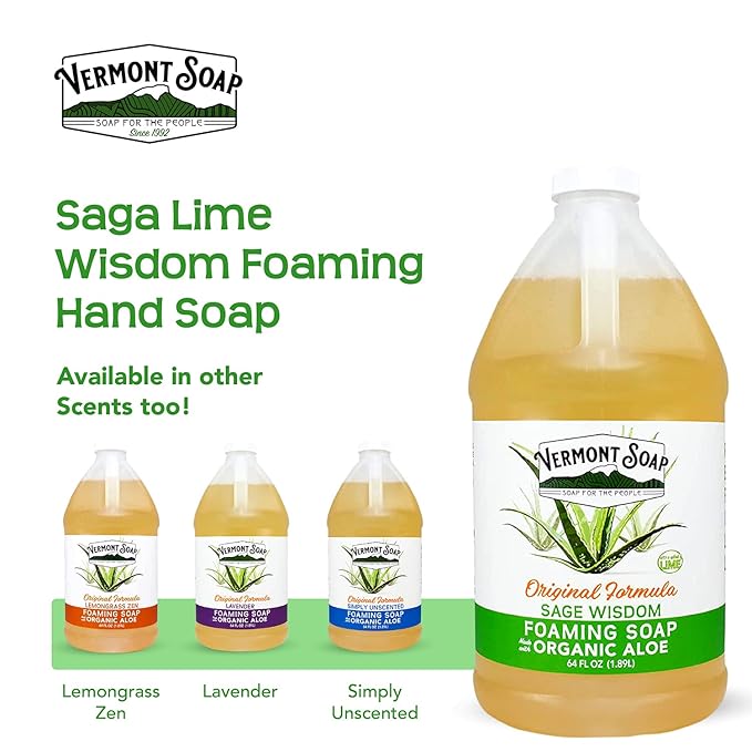 Vermont Soap Organic Sage Lime Wisdom Foaming Hand Soap - Natural Moisturizing Soap for Dry Skin - Fragrance Free Liquid Bathroom Hand Soap - Sage Lime Wisdom - 64 oz