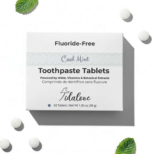 Cool Mint Fluoride-Free Toothpaste Tablets with Nano Hydroxyapatite | Natural Whitening, Enamel Strengthening, Plastic-Free & Travel-Friendly (1 Month Refill) 62 Tablets
