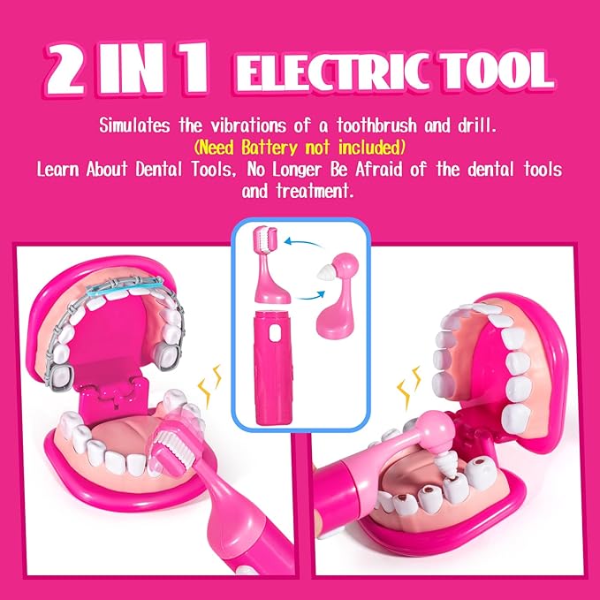 ULOVEME Kids Dentist Play Set Pink with Braces /Removable Teeth /Retainer - Doctor Kit for Toddlers 3-5 - Educational Toys for 4+ Year Old Girls - Pretend Play Toy for Ages 5-7 (Fushia)