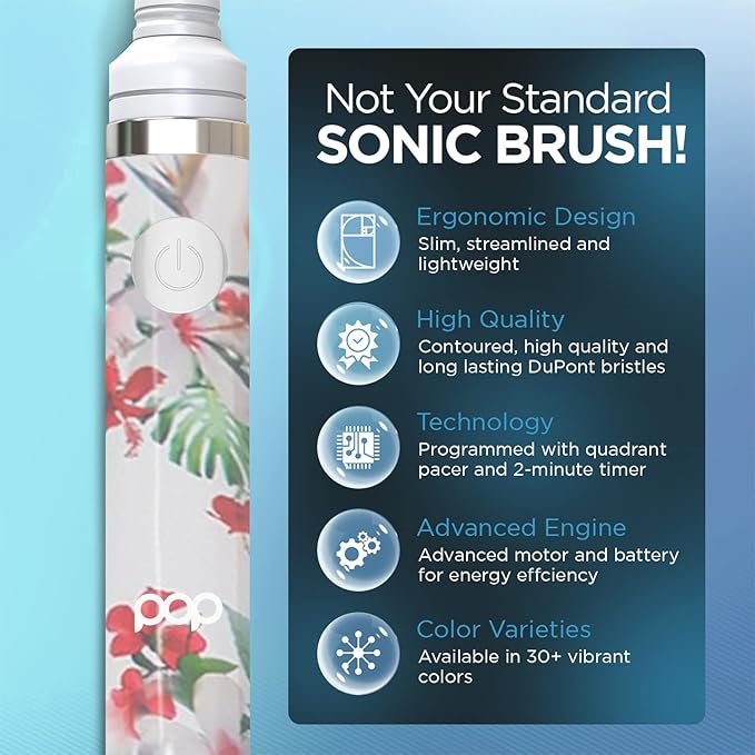 Pop Sonic Electric Toothbrush (White Floral) - Travel Toothbrushes w/AAA Battery | Kids Electric Toothbrushes with 2 Speed & 15,000-30,000 Strokes/Minute, Dupont Nylon Bristles