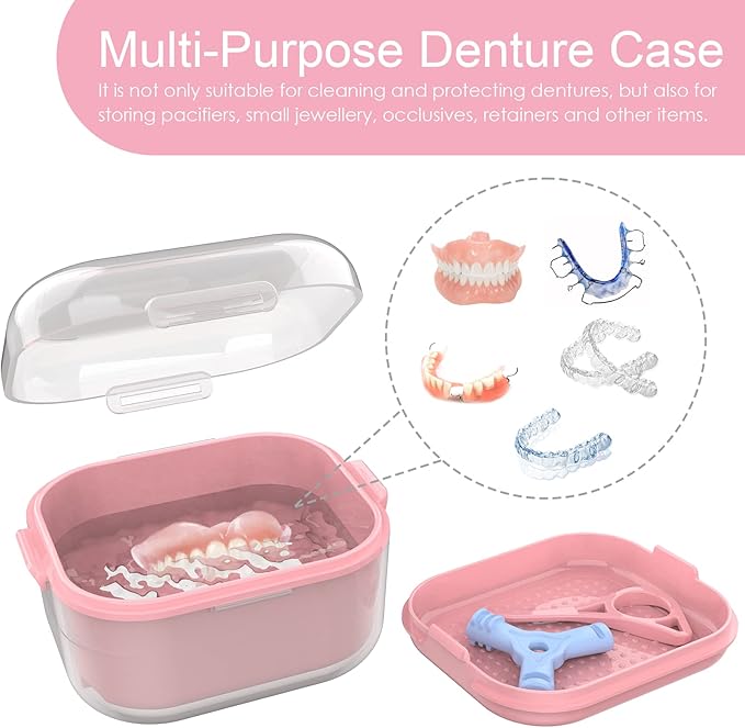 ARGOMAX Denture Case, Denture Cup for Soaking Dentures(Not Leak-Proof), Thorough Cleaning of Dentures, Retainer, Mouthguards, Clear Braces (Dark Pink).