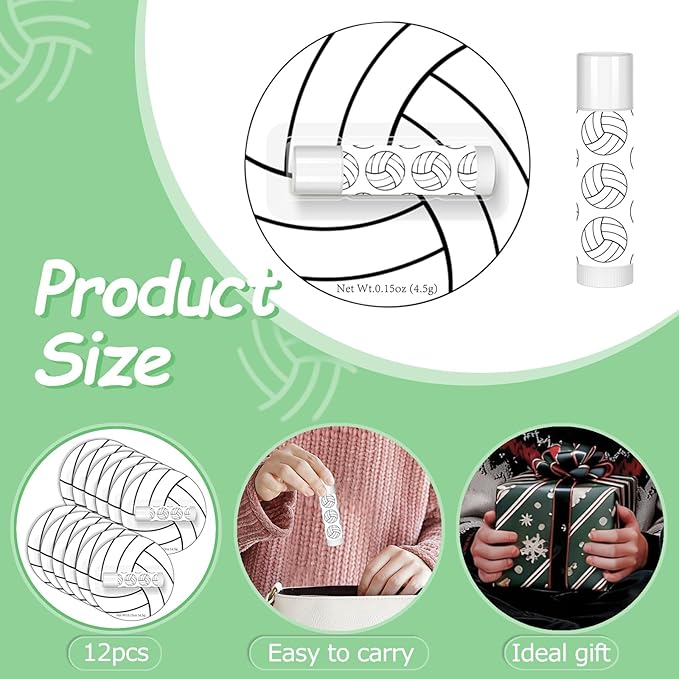 12 Pack Volleyball Lip Balm for Volleyball Theme Party Bulk Gifts,Beeswax Moisturizing Lip balm,Vanilla Flavor Plumping Chapstick for Volleyball Cheerleader Team Girls kids Men Women Sports Lovers