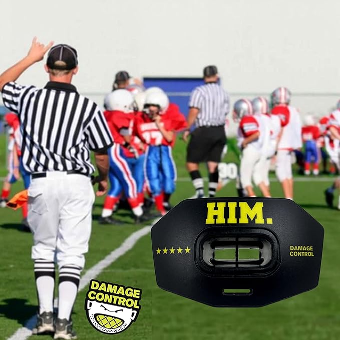 DAMAGE CONTROL Youth Football Mouth Guard – Breathable No Boil Mouthpiece, Protects Lips & Teeth, Works with Braces, Includes Helmet Strap – Sports Gear & Accessories (Him)
