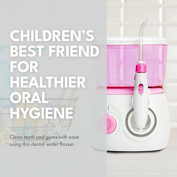 ToiletTree Products Children's Countertop Water Flosser - Dental Oral Irrigator for Kids - BPA-Free Dental Water Flosser with 600mL Capacity and Adjustable Water Pressure - Pink