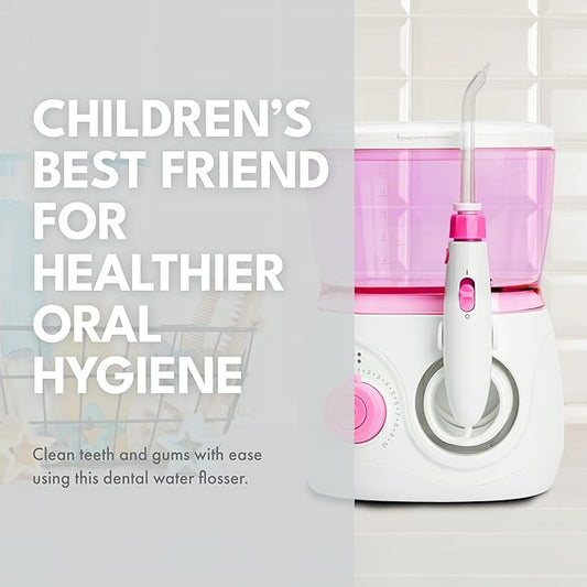 ToiletTree Products Children's Countertop Water Flosser - Dental Oral Irrigator for Kids - BPA-Free Dental Water Flosser with 600mL Capacity and Adjustable Water Pressure - Pink