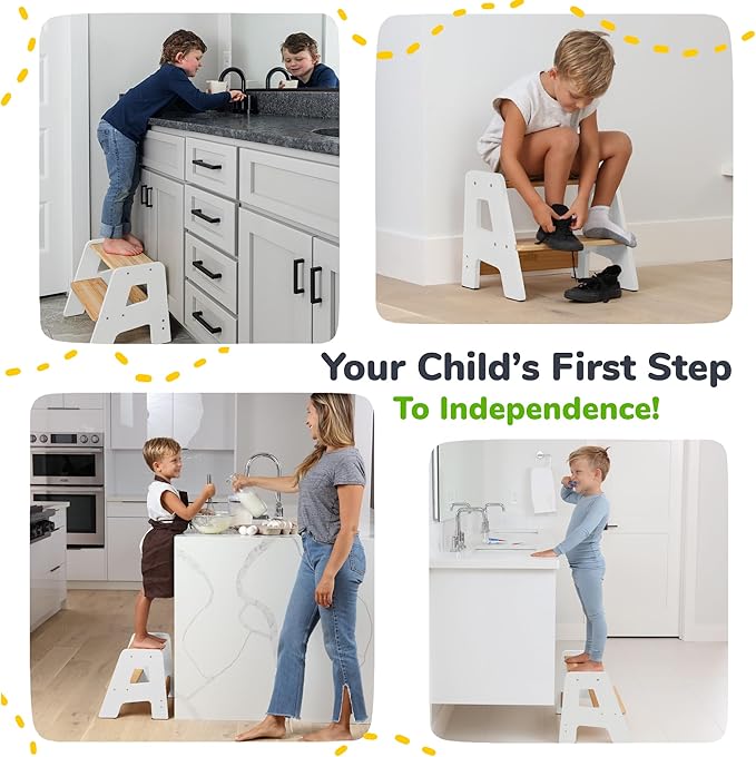 OCODILE 2-Step Wooden Step Stool for Toddlers | Kids Stool for Bathroom Sink & Kitchen Use | Non-Slip Step | Wooden Stool for Children Ages 2+ Years White