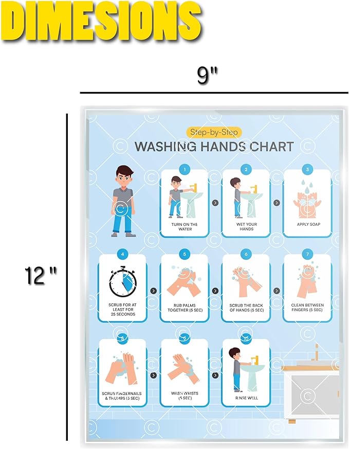 Washing Hands Chart Step by Step Laminated 9x12 Inch for Children Self Care Visual Chart Ideal for Special Needs and Autism (Washing Hands Chart - English)