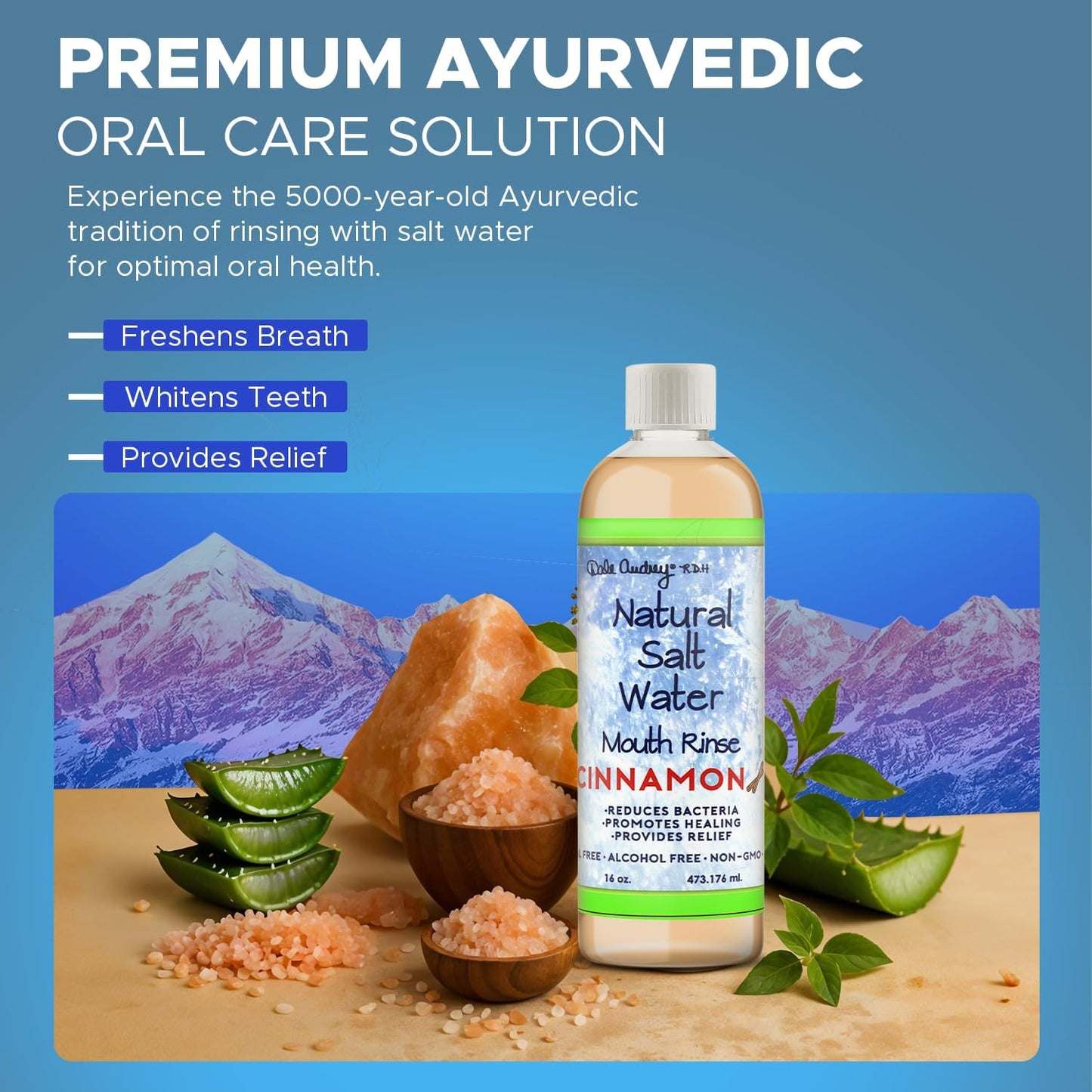 Dale Audrey Natural Pink Himalayan Saltwater Mouth Rinse | Organic Cinnamon Flavor I Fluoride Free Freshens Breath | Alcohol & Cruelty Free | Teeth Cleaner Mouthwash & Rinse for Healthy Gums-16 FL Oz