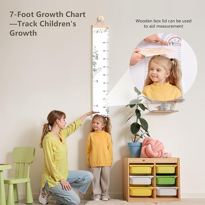let's make Growth Chart for Wall 7 Ft Height Chart with Keepsake Box & Hook Waterproof Canvas Measure Wall Ruler Removable Neutral Nursery Wall Decor for Baby Kids Toddlers