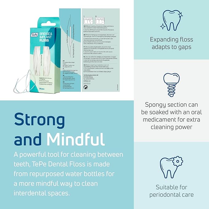 TePe Bridge and Implant Floss for Dental Implants, Bridges, and Braces, Dental Flossers, 30 Pieces (Pack of 2)