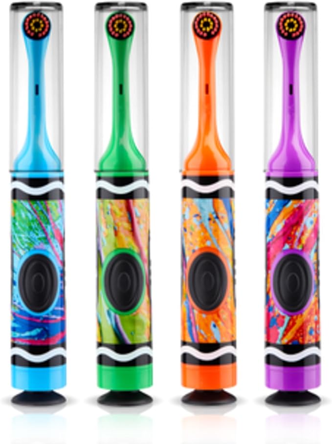 GUM Crayola Power Toothbrush for Kids, Extra Soft Bristled Toddler Toothbrushes, Travel Cap + Suction Cup Base, Batteries Included, 1 Count