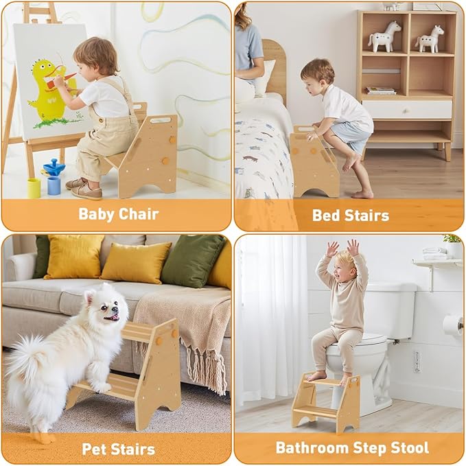 Toddler Step Stool, Wooden Height-Adjustable 2 Step Stool for Kids, 2 in 1 Potty Training Stool with Safety Handles Non-Slip Pads for Bathroom Sink, Kitchen, Bedroom (Natural)