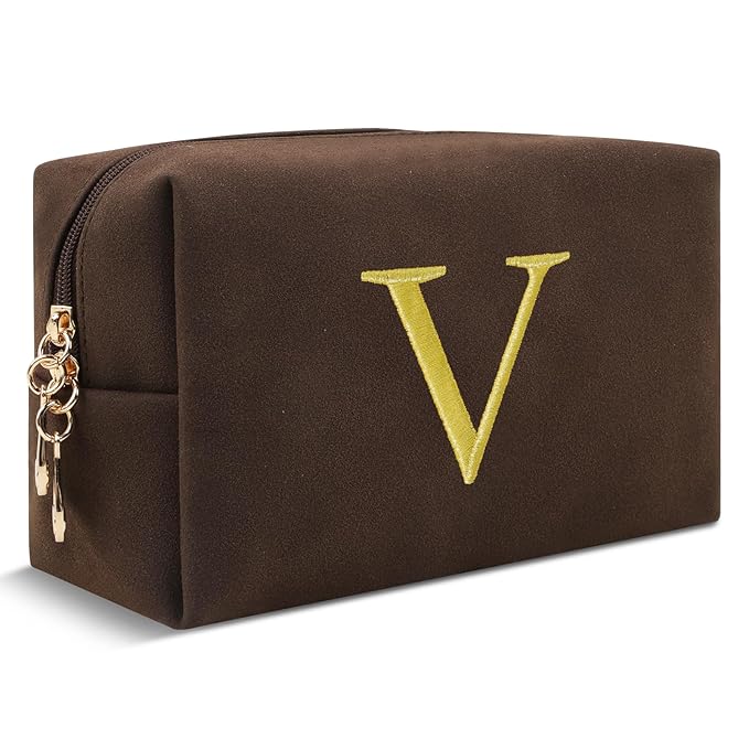 Personalized Initial Makeup Bag,Preppy Suede Cosmetic Bag for Teen Girls,Small Monogram Travel Toiletry Bag With Gold Embroidered Letter,Trendy Stuff Custom Christmas Gift for Women(Coffee-V)
