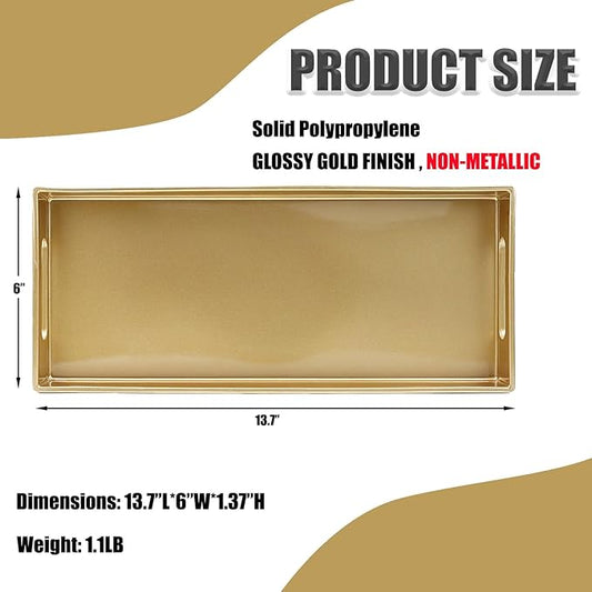 Plastic Gold Vanity Tray with Handles, Small Decorative Tray Desktop Storage Organizer for Bathroom, Living Room, 13.7"*5.9"*1.37"