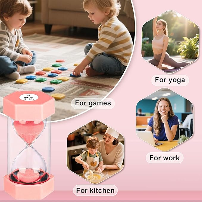 Sand Timer 15 Minute Hourglass, Unbreakable Hexagon Sand Clock 15 Min, Reloj De Arena 15 Minutos, Plastic Green Hour Glass Sandglass for Classroom Game Decoration (Pink)