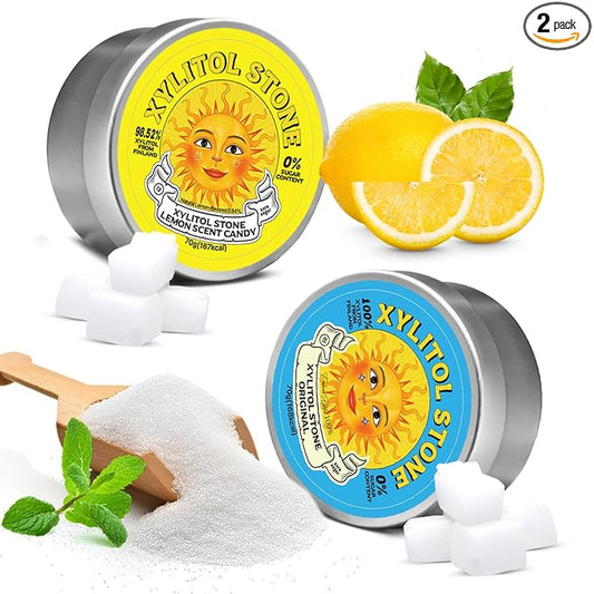 Xylitol Stone Sugar Free Candy - Vegan & Keto Friendly Unique Hard Candy - 100% Natural Flavor Candies - Gluten Free & Non-GMO Breath Freshener Low Calorie Mints - Pack of 2 (Original, Lemon)