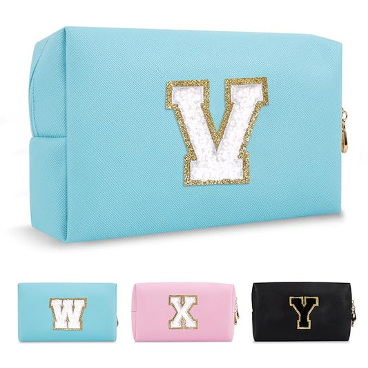 Small Personalized Initial A-Z Preppy Patch Makeup Bag,PU Chenille Letter Travel Cosmetic Pouch with Zipper,Blue Cute Toiletry Bag,Gift Ideal for Teen Girls Women Teacher Bridesmaid,Letter V